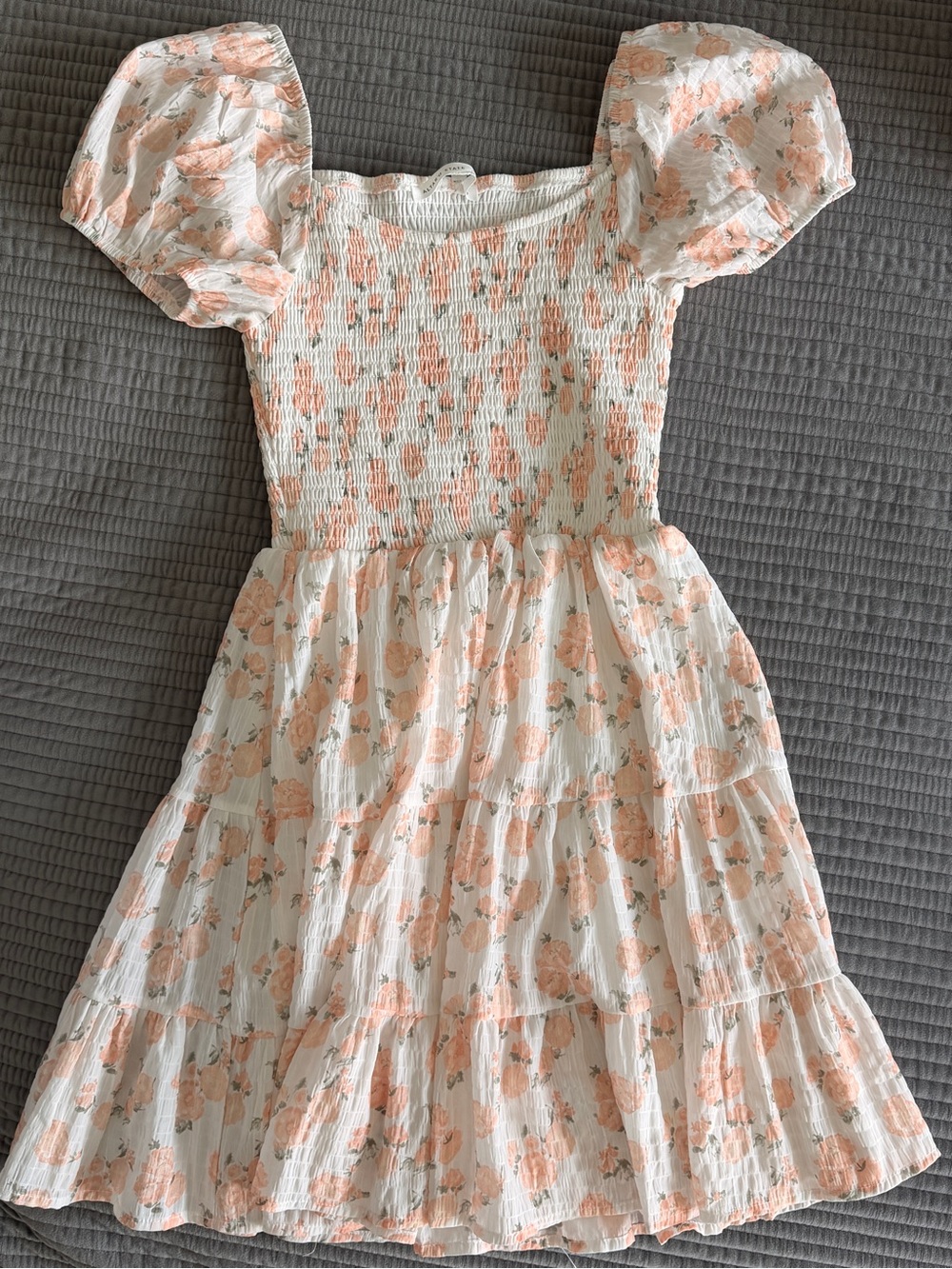Altar'd State White & Peach Floral Smocked Puff-Sleeve Mini Dress - Picture 1 of 4
